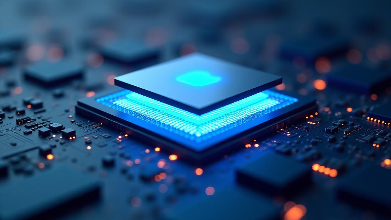 Abstract 3D rendering of an Apple M-series system-on-a-chip architecture with glowing performance data streams.