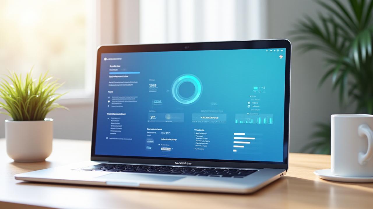 Modern MacBook Pro displaying system optimization metrics in a clean home office environment.