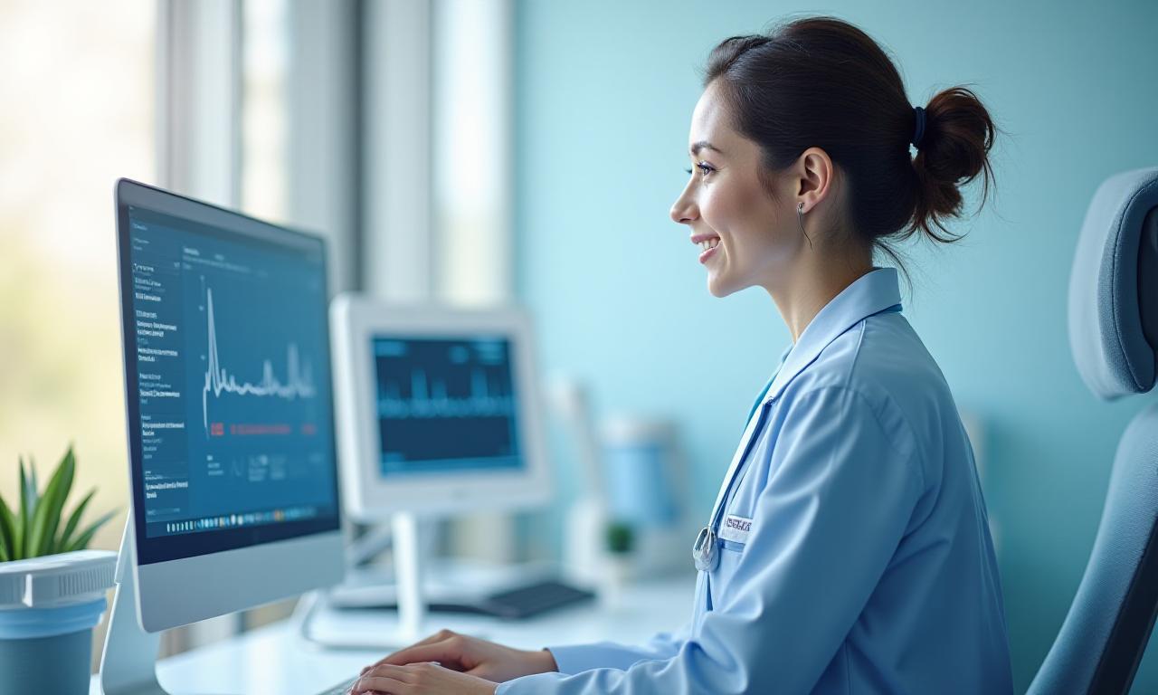 A healthcare professional in a modern clinic using a Mac to manage patient EMR software accurately.