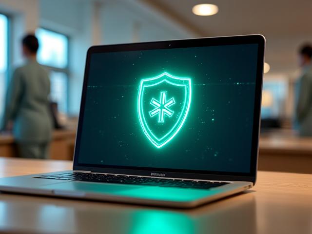 Illustration of a secure data shield on a Mac screen representing HIPAA compliance.