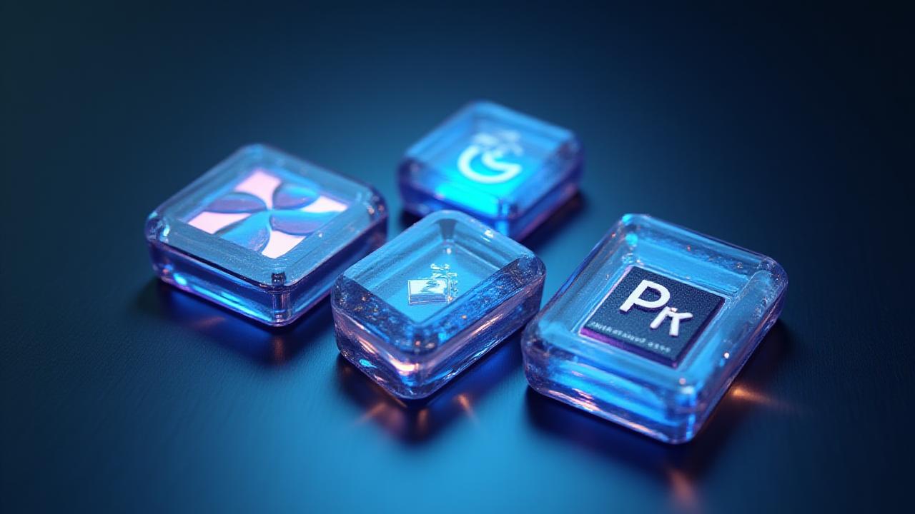 A sleek darkened workspace showing professional creative software icons including Final Cut Pro and Logic Pro with glowing accents